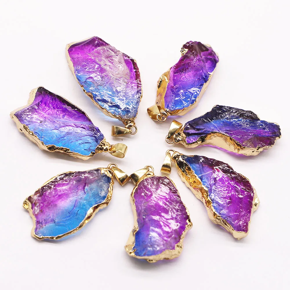 Natural Stone Gold Plated Bezel Crystal Pendants Necklace Dyed Purple Rough Irregular Charms DIY Jewelry Making Accessories 8Pcs