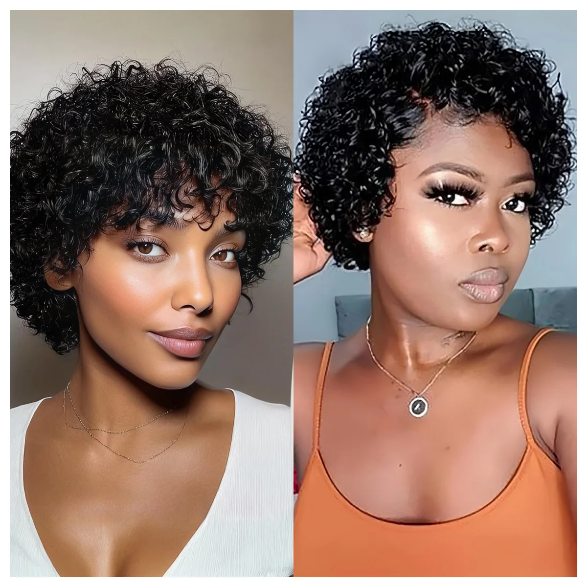 شعر مستعار مجعد بقص عابث للنساء ذوات البشرة السمراء، شعر بشري قصير مع غرة، شعر مستعار ريمي مصنوع آليًا بمظهر طبيعي للاستخدام اليومي