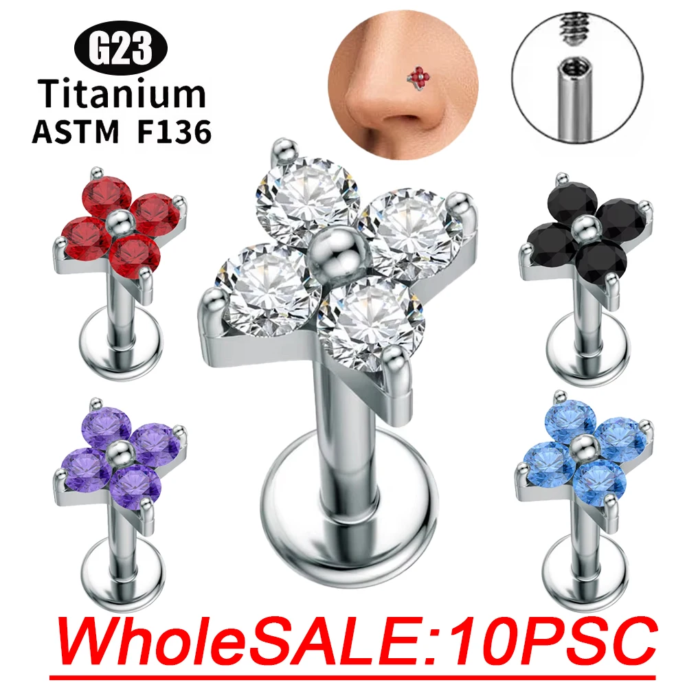 WholeSALE 10PSC G23 Titanium Internal Thread 5A+ Zircon Gem Lip Stud Cartilage Earring Helix Tragus Body Piercing Jewelry unisex