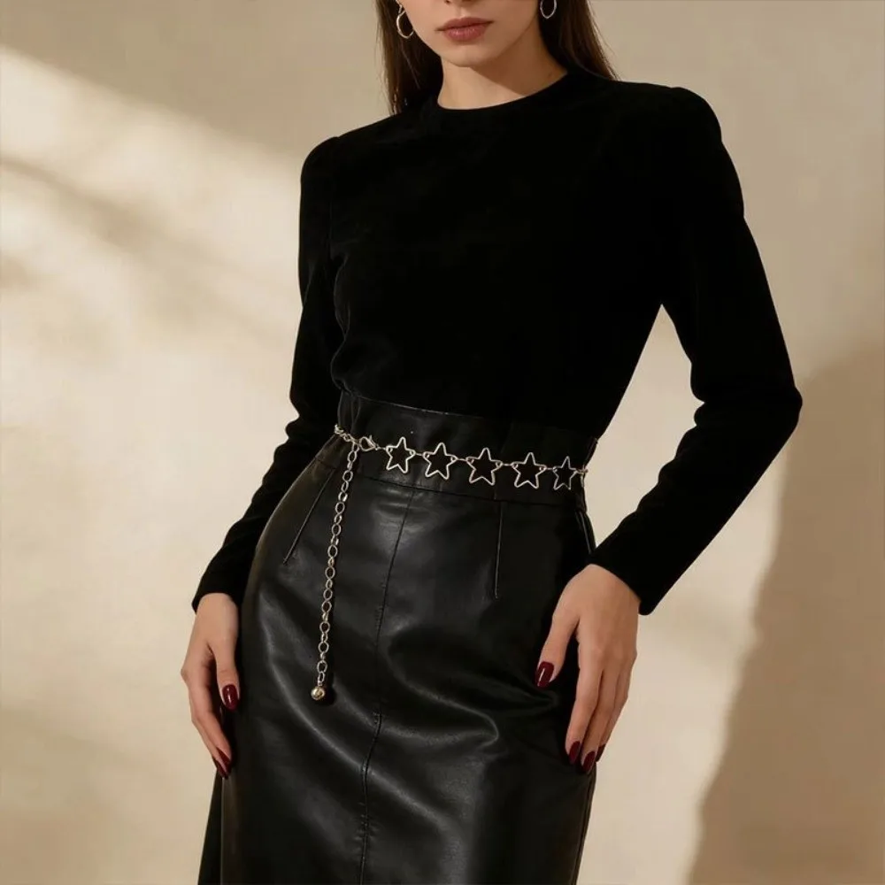 Trendy Retro Metal Waist Belts Adjustable Gold/Silver Waist Chain Hollow Out Stars Punk Style Dress Belt Clothing Accessories