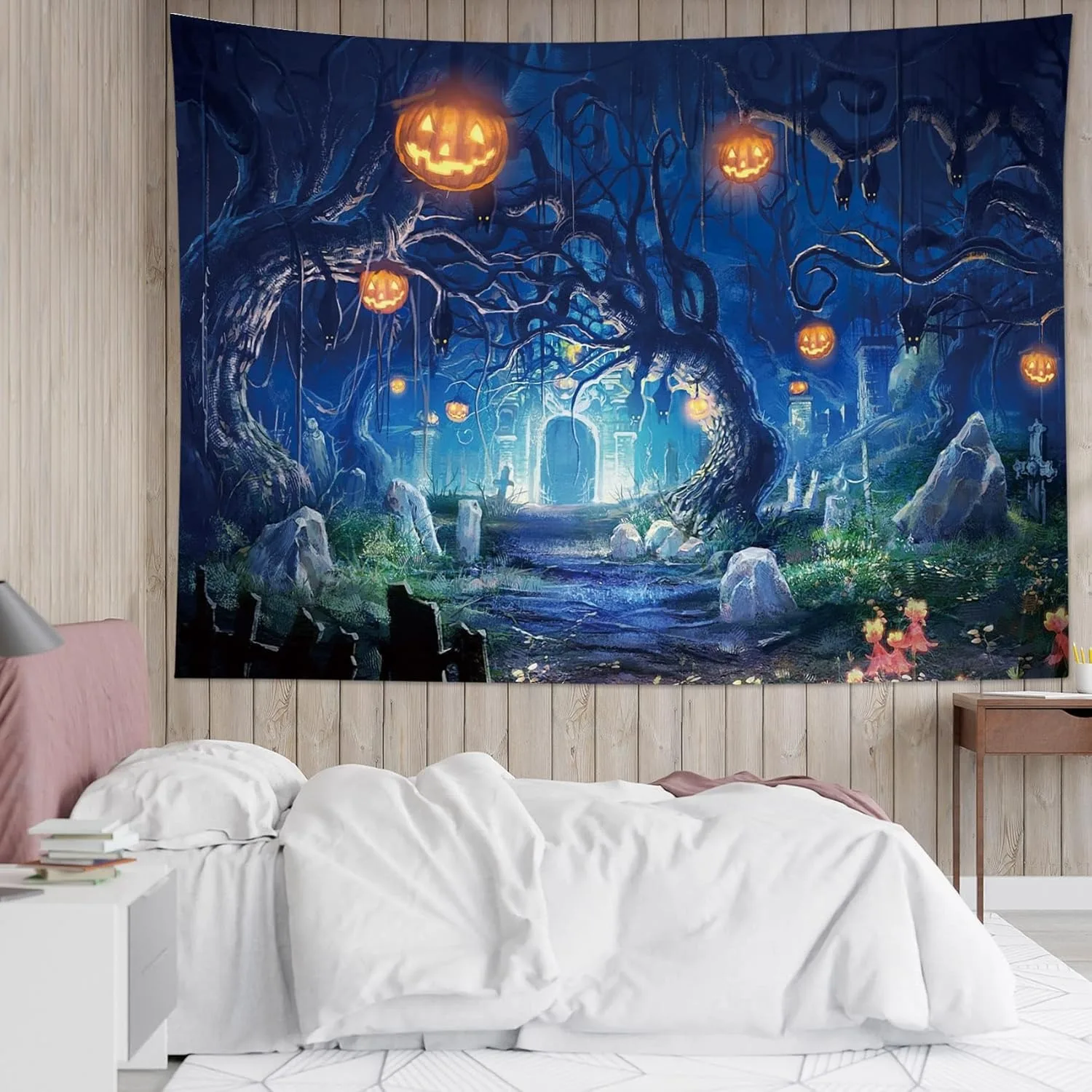 Handcrafted Halloween Tapestry Featuring Pumpkins, Ghostly Trees, and Haunted Atmosphere for Festive and Mysterious Home Decor