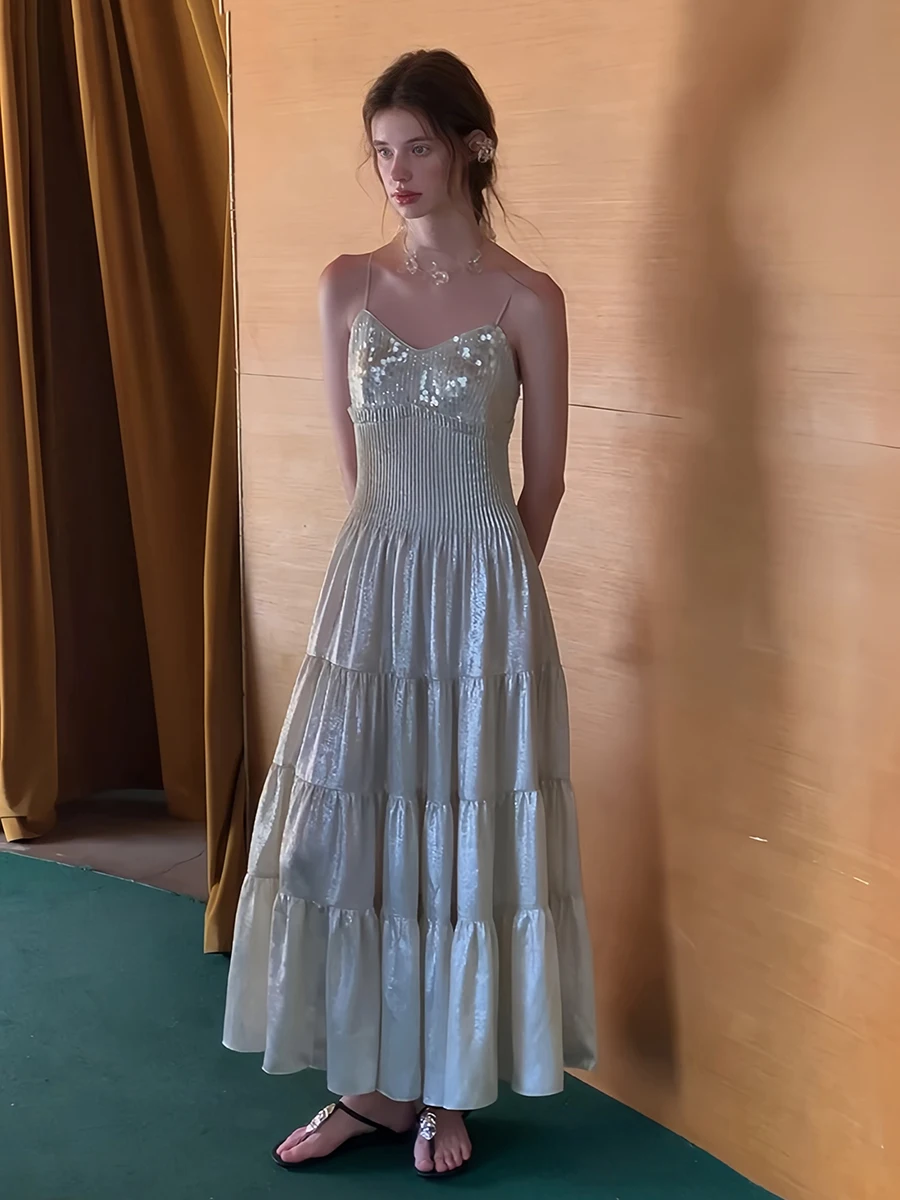 ReddaChic Women Party Sparkly Sequin Cami Dress Glossy V-neck Ruffle Elastic Back Pleated Long Dress Homecoming Formal Clothes