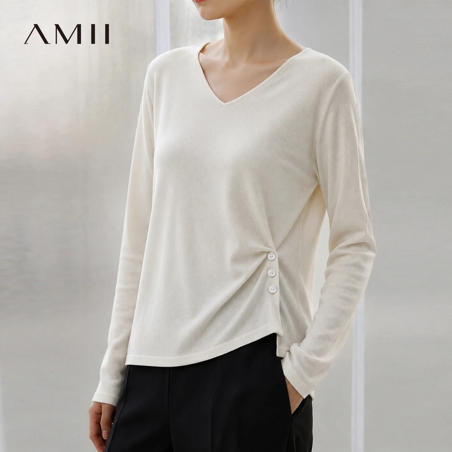 Amii Elegant Commuter V Neck Knit Tops Women New Arrival Autumn Button Pleated Split Long Sleeve Pullover Slim Sweater 12613029
