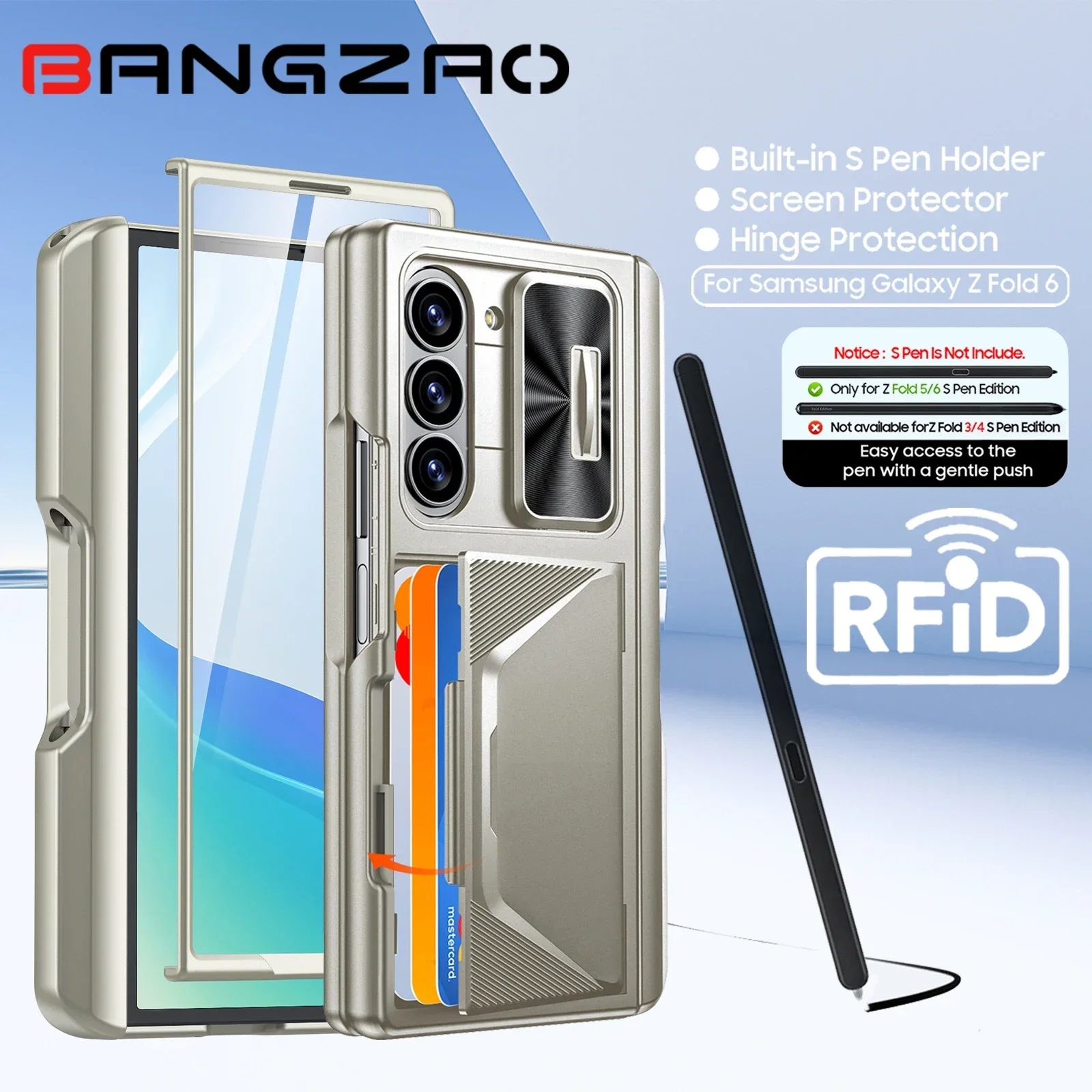 

Чехол для Galaxy Z Fold 6, RFID-кошелек с держателем для карт, держатель для S-ручки, чехол для камеры, противоударный силиконовый защитный чехол-титан