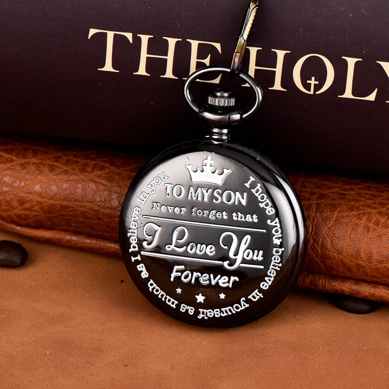 Silver pocket watch engraved with the letters TO MY SON Crown watch quartz watch Black alloy necklace watch