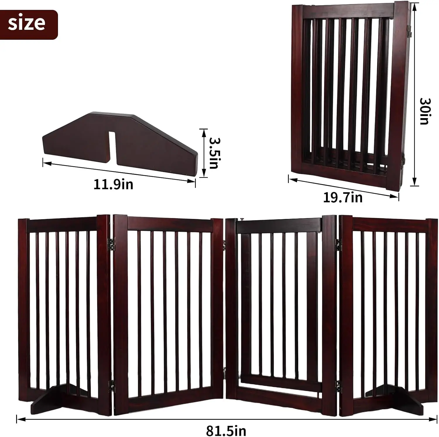 Wooden Freestanding Pet Gate, Pet Gate for Dogs, 29.5inch 4-Panel Wooden Dog Fence with 2 Support, Feet Folding Dog Gate for Ind