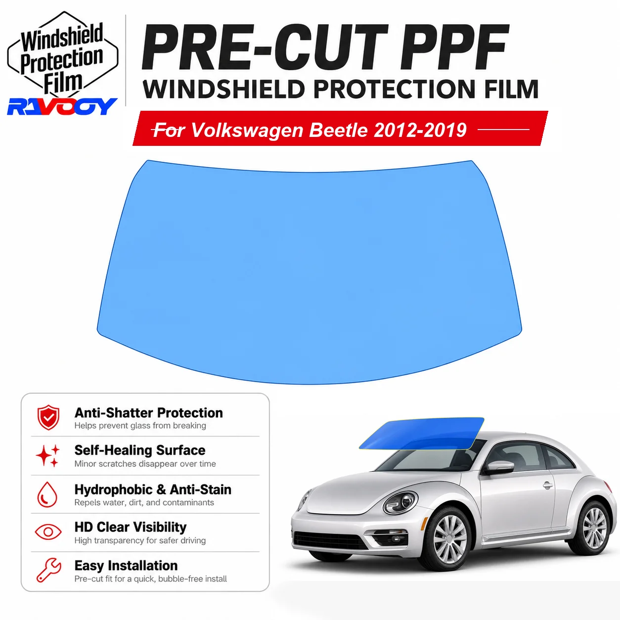 RAVOOY Pre-Cut Front Windshield Protection Film For Volkswagen Beetle 2D Cpe 2012-2019 6.5mil Clear TPU UV Blocking Hydrophobic
