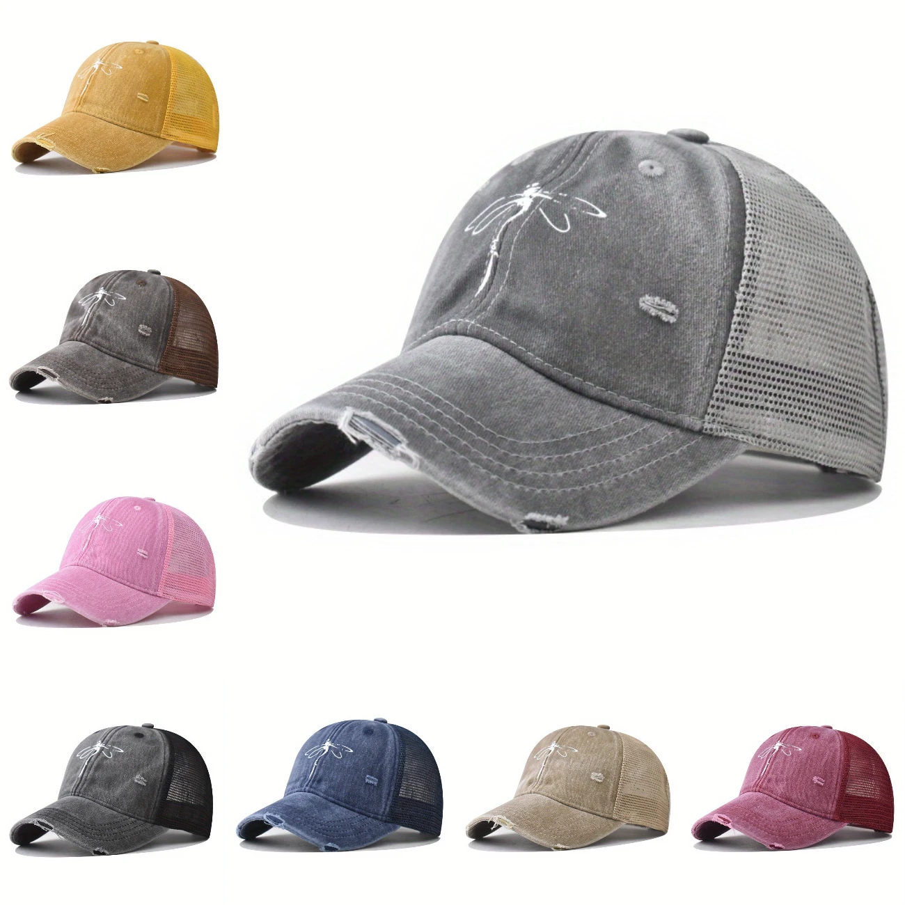 

Washed Shabby Butterfly Printed Baseball Cap Solid Mesh Women Men Outdoor Hat Cycling Travel Hiking Hip-hop Snapback Dad Hat