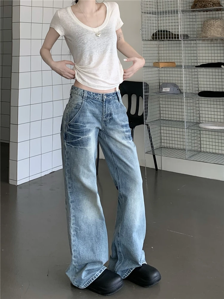 Benuynffy-Jean taille basse pour femme, jean décontracté, streetwear rétro américain, jean droit lavé, jambe large, fjk, Y2k