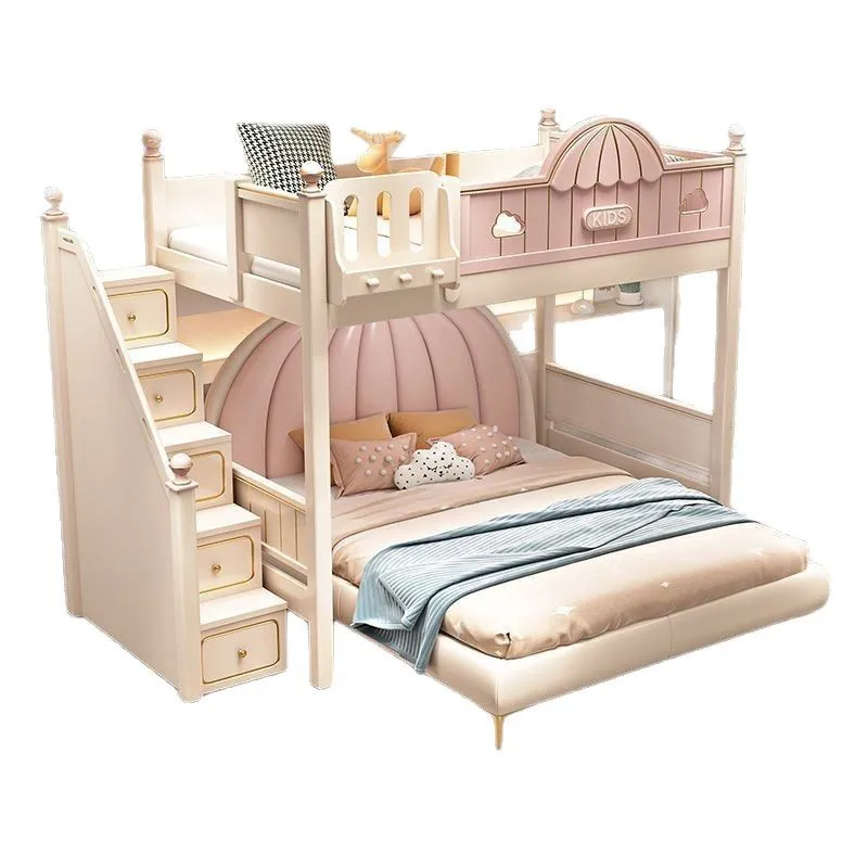 Princess-style staggered bunk bed, double-layer bunk bed, pink two-layer children's bed, staggered mother-child bed