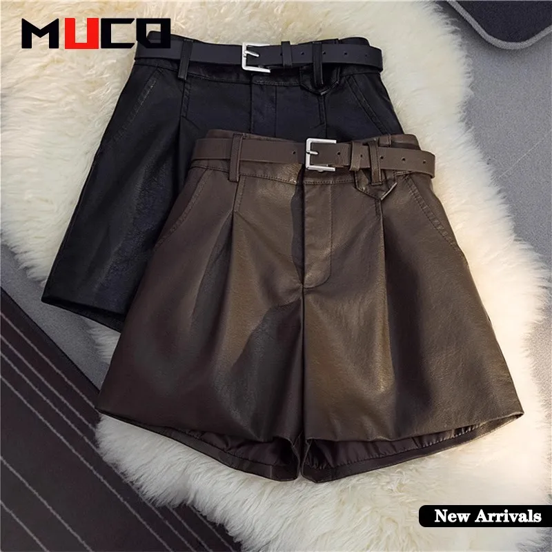 

Шорты из искусственной кожи для миниатюрных женщин, трапециевидные шорты с высокой талией, широкие брюки для похудения, свободный крой с поясом, осень-зима 2026, верхняя одежда