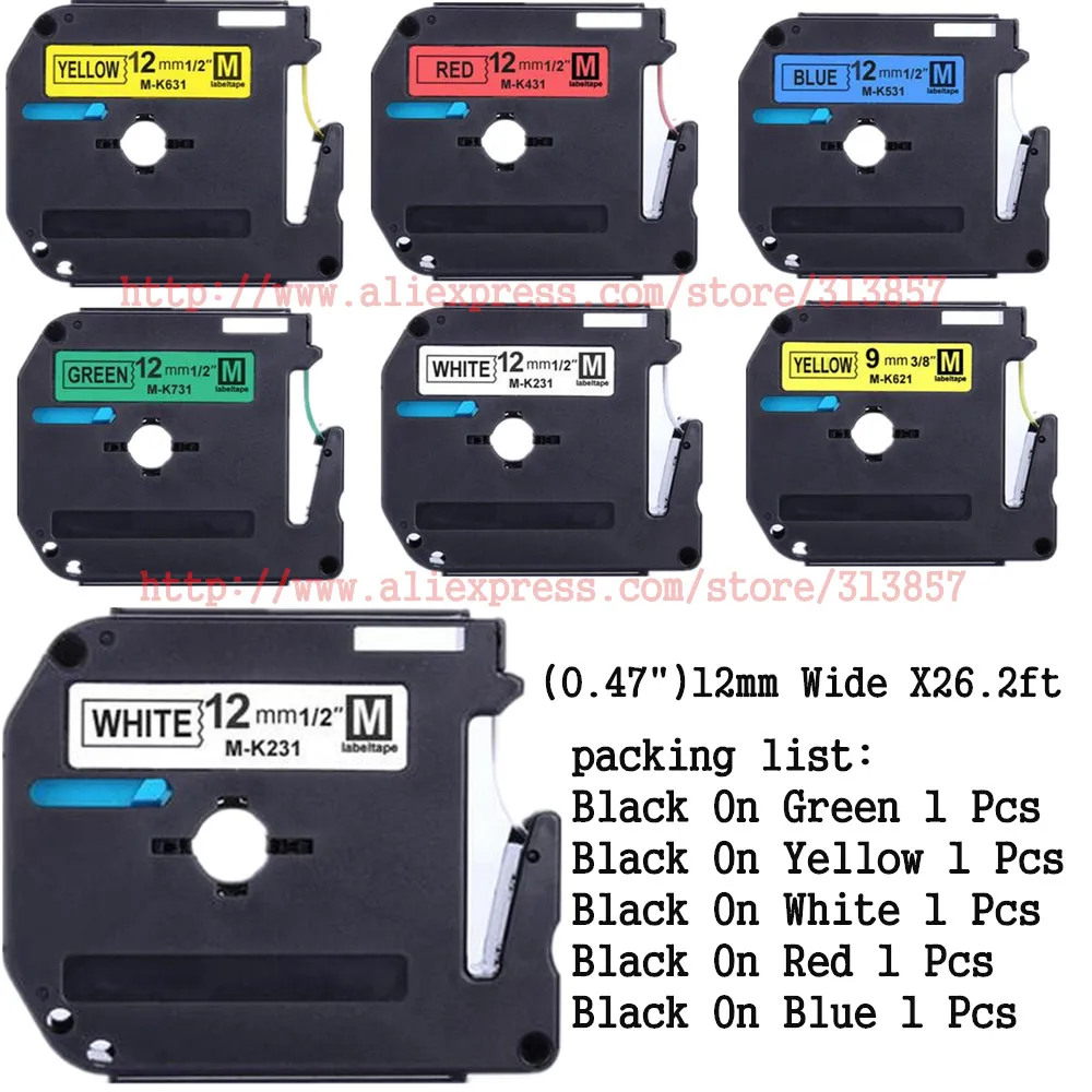 12mm Label Tapes Set Compatible for P-touch Printer MK231 MK431 MK531 MK631 MK731 Black on Clear White Red Blue Yellow Green