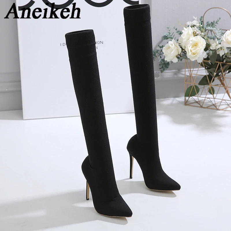 Aneikeh 2024 Fashion Sexy Pointed Nightclub Pole Dance Over Knee Sock Boots Women\'s Spring/Autumn Stretch Fabric Chelsea Boots