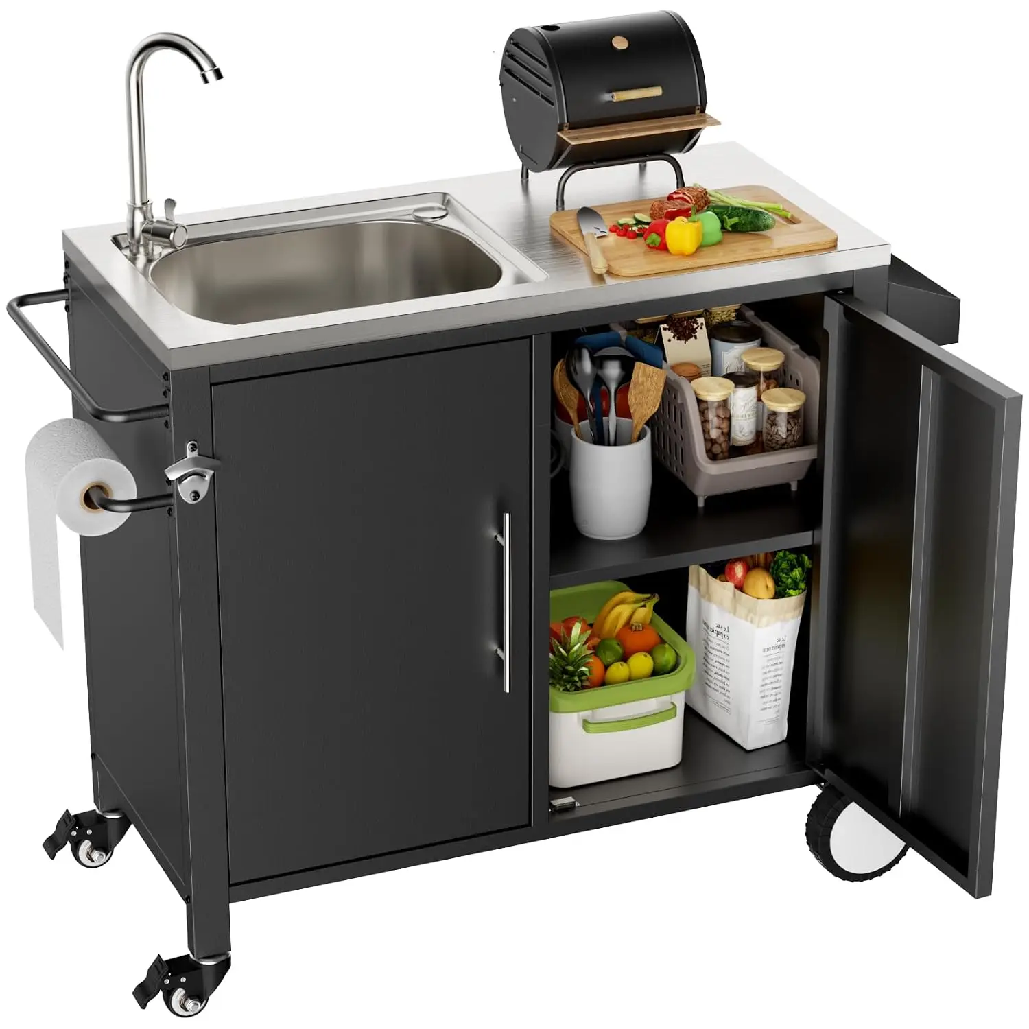 Outdoor Grill Cart w/ Cabinet, Outdoor Grill Cart, Outdoor Cart Sink Station with Wheels, Rolling Bar Cart L38” x W18” x H35”