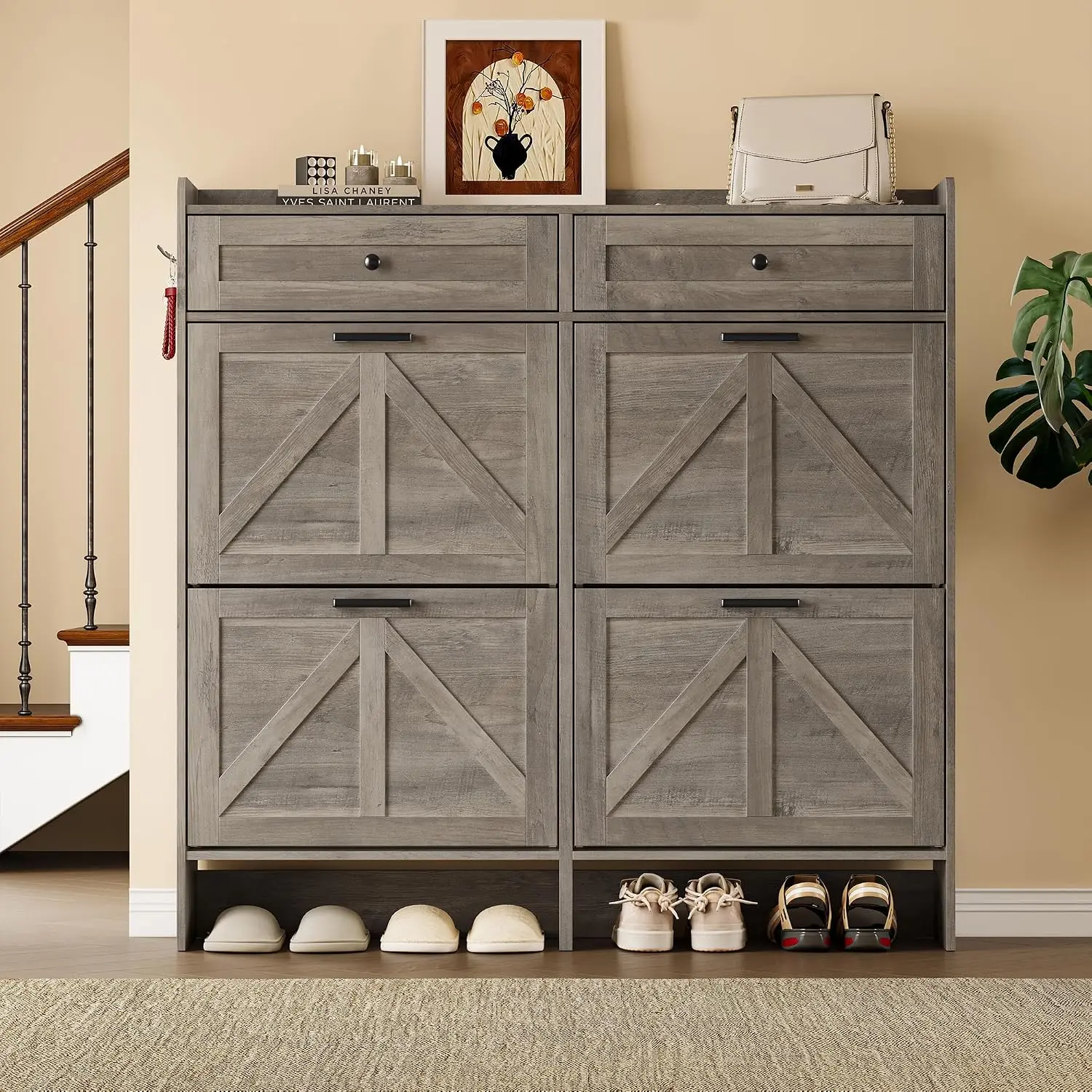Shoe Cabinet with 4 Flip Drawers & 2 Top Drawers, Freestanding Organizer with Shelves & Hooks for Entryway, Customized