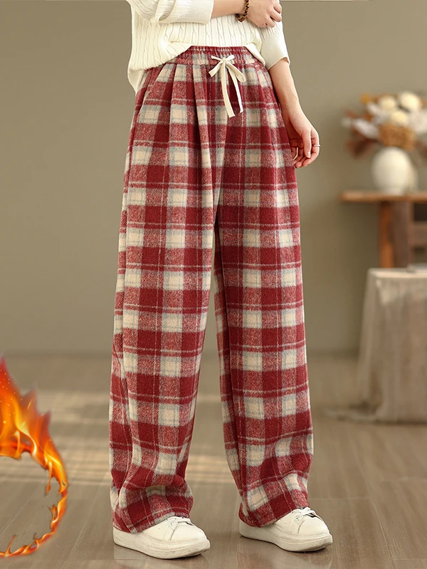 Thiened FCE-gefütterte Hose mit weitem Bein, Herbst-Winter, kariert, lockere Passform, große Damen-Wollhose, lässige Hose mit geradem Bein