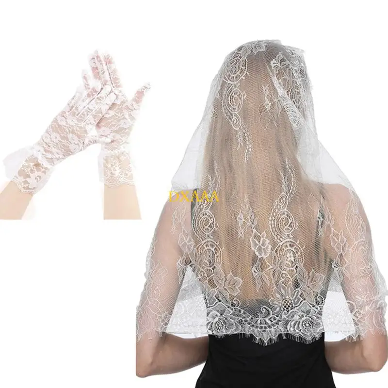 

DXAA Wedding Veil Headwear Wrist Length Bridal Gloves Cosplay Halloween Costumes Bridal Veil with Floral Lace Gloves Set