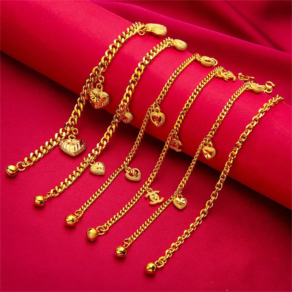 Yellow Gold Color Charm Bracelets For Women Multi Hearts Keys Stars Chain Bracelet Wristband Pulsera Femme Trendy Jewelry Gifts