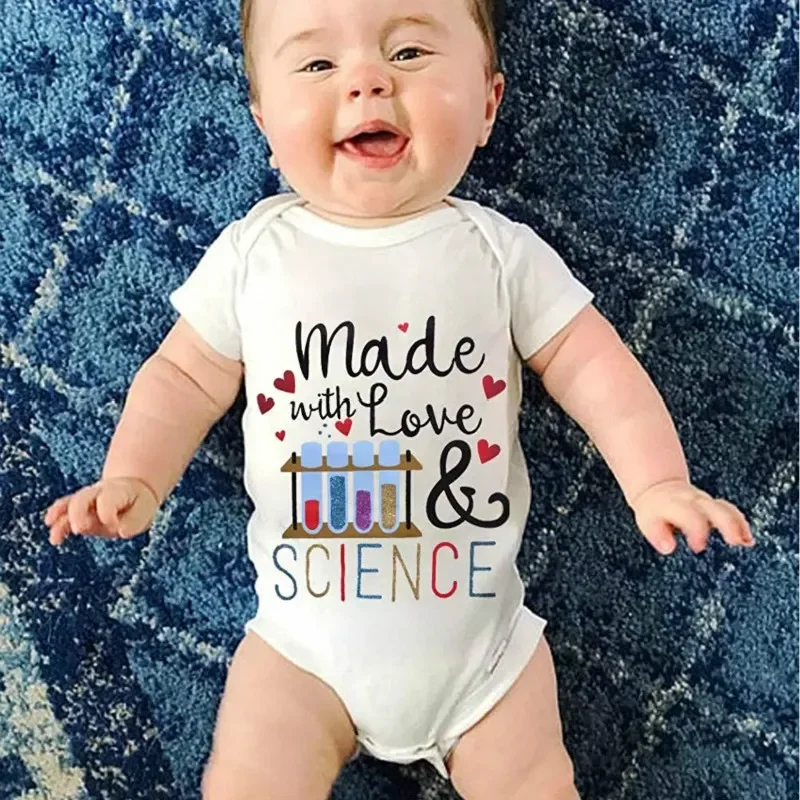 Newborn Baby Boys Girls Costumes Made Love Science Little Sister Letter Print Short Sleeve Onesie Romper Jumpsuit Kids Outfits