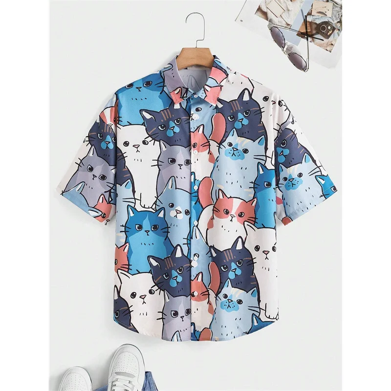 

Cute Cat Pattern Hawaiian Shirt For Men Colorful Animals 3D Printed Short Sleeves Fashion Unisex Aloha Shirts Lapel Blouses Tops