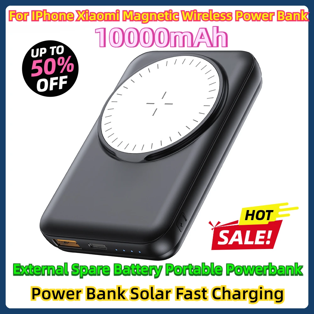 

For IPhone Xiaomi Magnetic 10000mAh Wireless Power Bank Solar Fast Charging PD USB C External Spare Battery Portable Powerbank