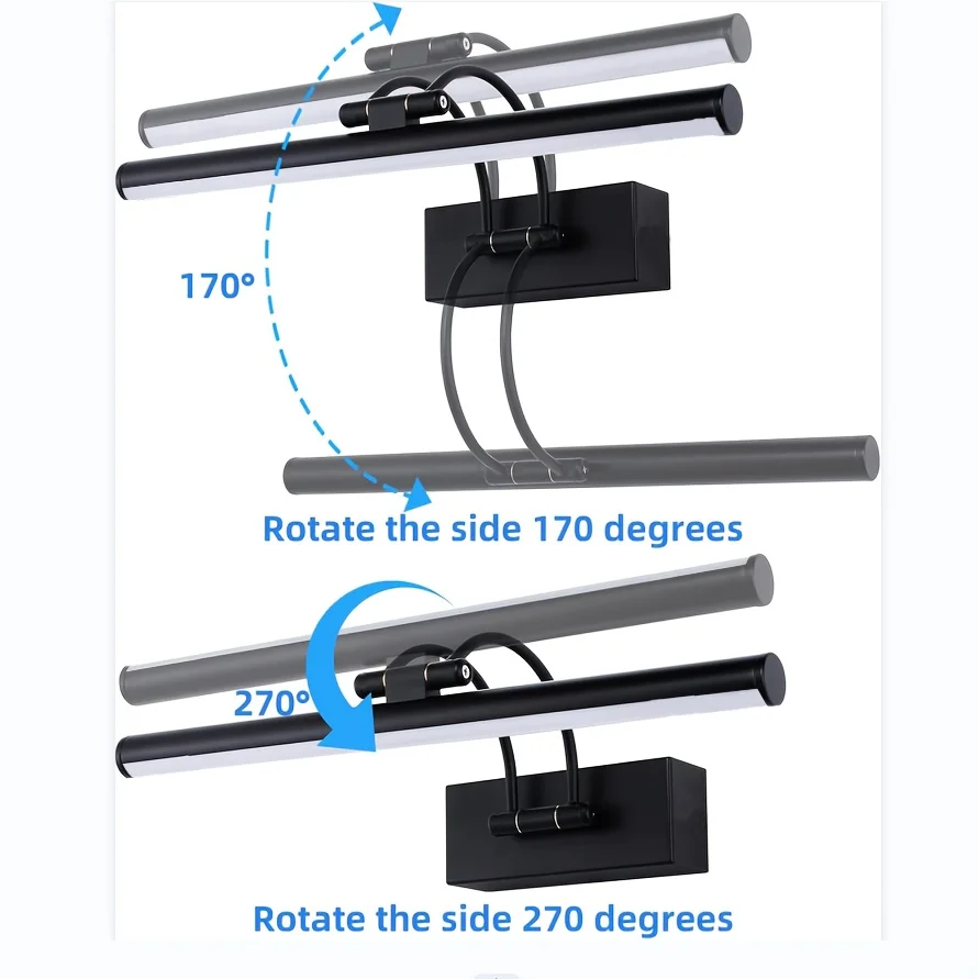 مصباح أمامي بمرآة LED بسيط مقاس 16.2 بوصة (41 سم) باللون الأسود الحديث، مصباح زينة قابل للدوران - للحمام/غرفة الدراسة