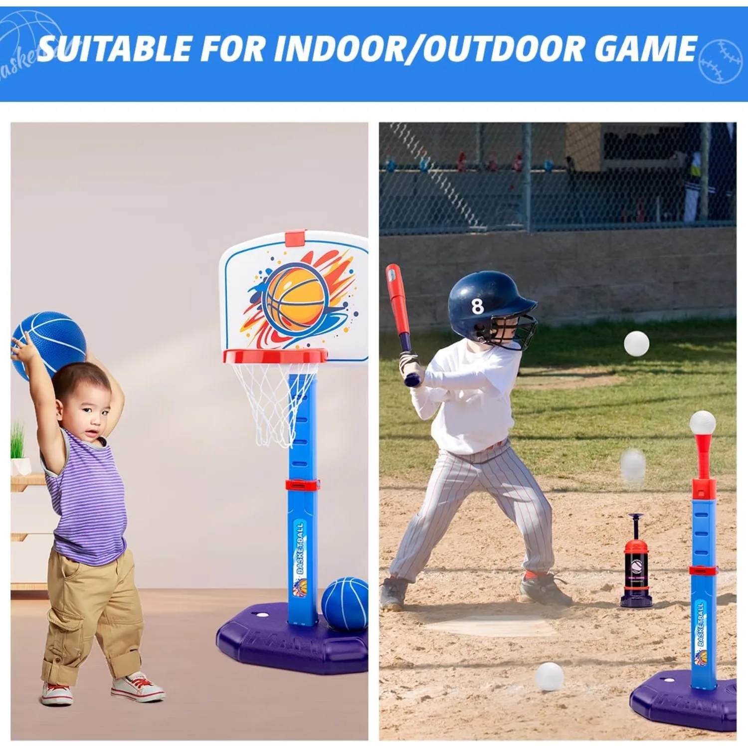 Set di canestro da basket 4 in 1 per bambini e set di palline a T con lanciatore automatico Gioco di anelli di lancio per giocattoli sportivi per bambini all'aperto per interni