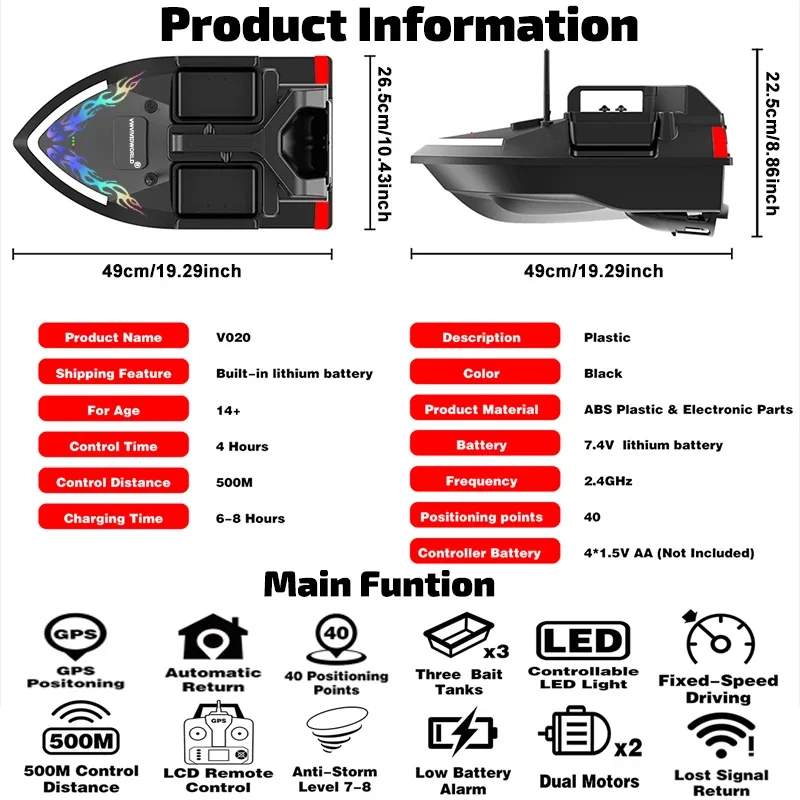 VWVIVIDWORLD ,2024New,24000mAh,40GPS, barca per esche da pesca RC, 2KG di carico, 500M, luce notturna, correzione crociera/ritorno/percorso