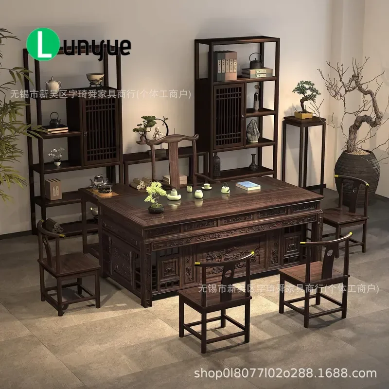 Ebony Solid Wood Tea Table and Chair Set 1 Table 5 Chairs New Chinese Style Living Room Coffee Table Integrated Office Desk