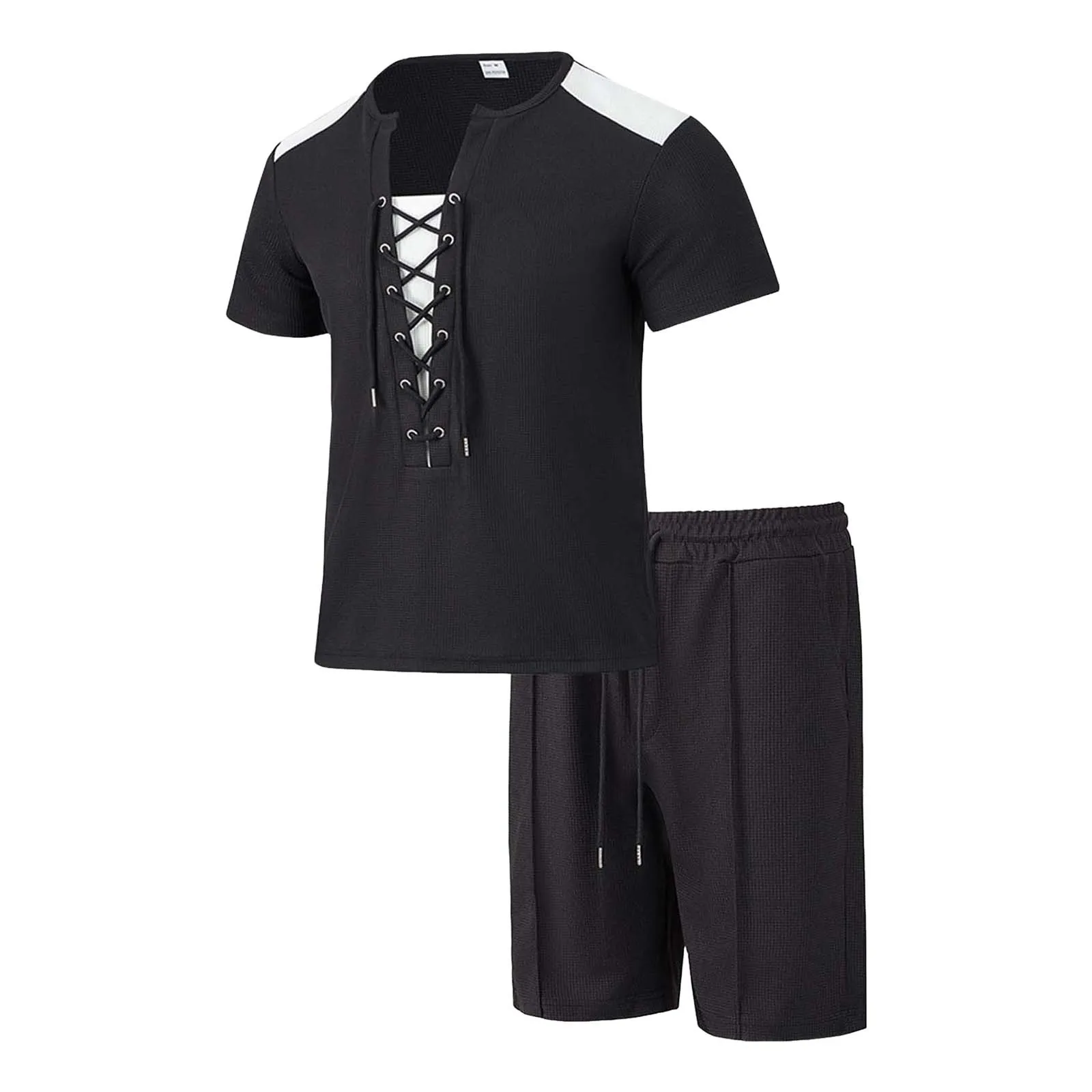 

Cobalt Tuxedo Set Mens Light Casual Stitching Rope Crewneck Short Sleeve Tshirt Shorts Twopiece Set Gentleman Suits for Men