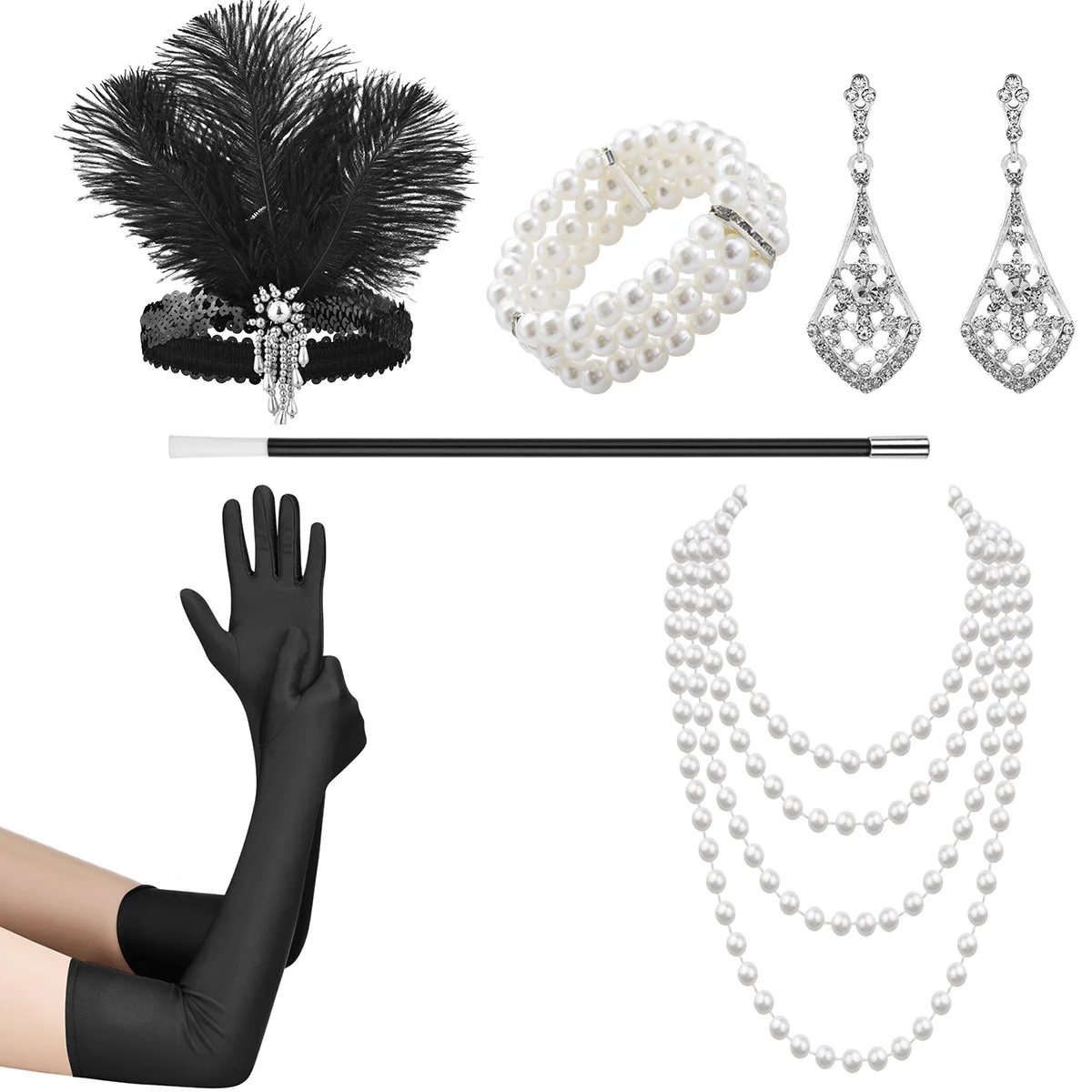 1920 Gatsby Makeup Ball Party Halloween Set Headband Gloves Smoke Rod Earrings Bracelet Necklace Combination