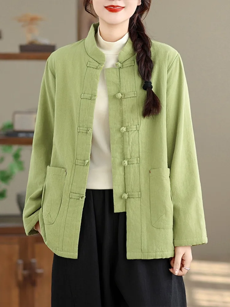 

Women's Lamb Fur Jacket Winter Robe Zen Clothing Tang Costume Fleece Lined Cotton Linen Stand Collar Button up Thickened Long...