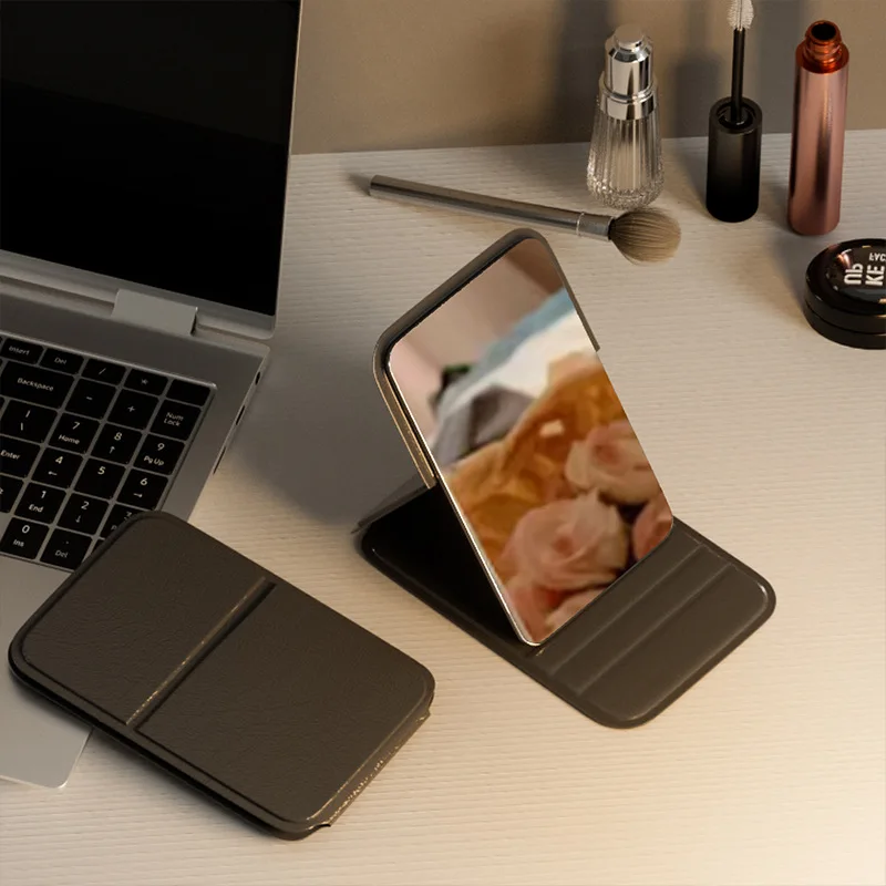 Desktop Makeup Mirror Solid Color PU Leather Simple Portable Handheld Makeup Mirror Foldable Student Compact Cute Pocket Mirror
