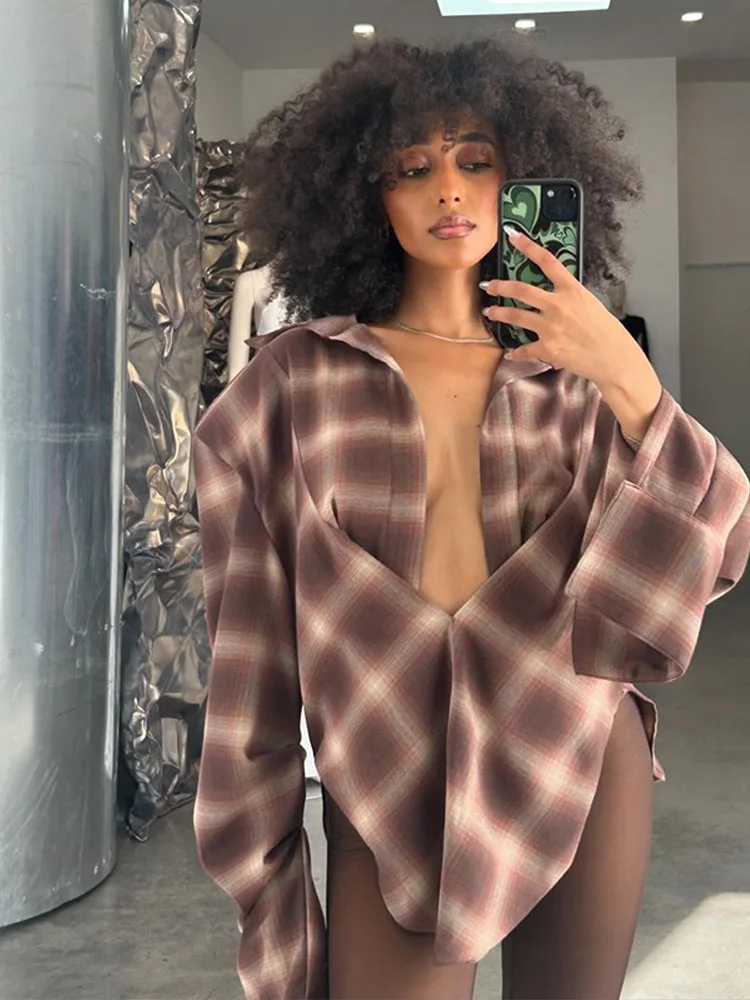 منقوشة القمصان النسائية بدوره إلى أسفل طوق كم طويل زر الكتف وسادة امرأة البلوزات المتضخم الخريف السببية تنورة فضفاضة السيدات