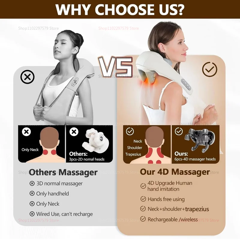 Massageador de pescoço para alívio da dor, tecido profundo, alivia a tensão, massageador de amassar com calor, melhora a circulação, alivia a dor muscular