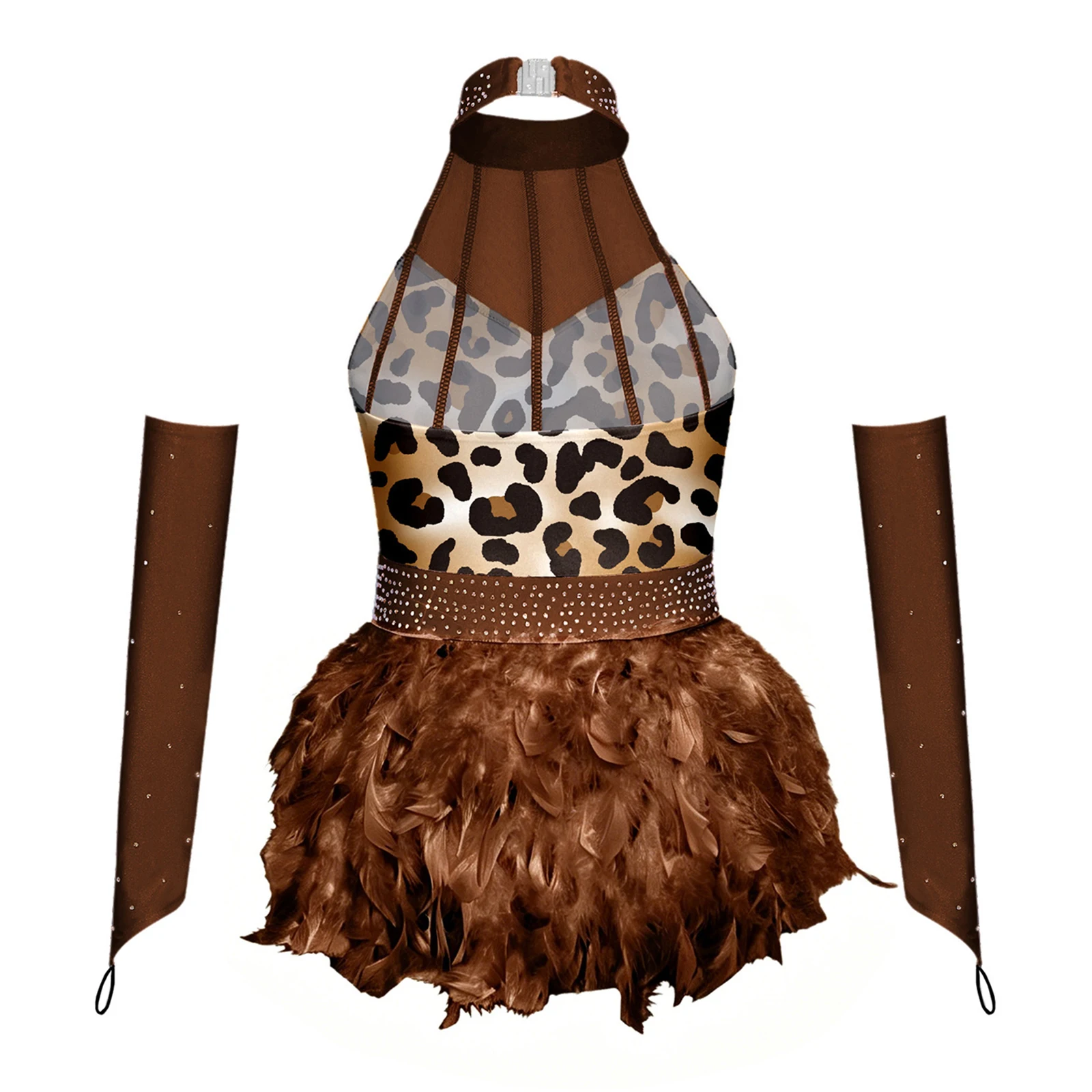 macacao-de-danca-jazz-para-meninas-com-estampa-de-leopardo-em-pedra-estilo-caverna-pre-historica-com-strass-decote-halter-saia-de-plumas-e-mangas-removiveis