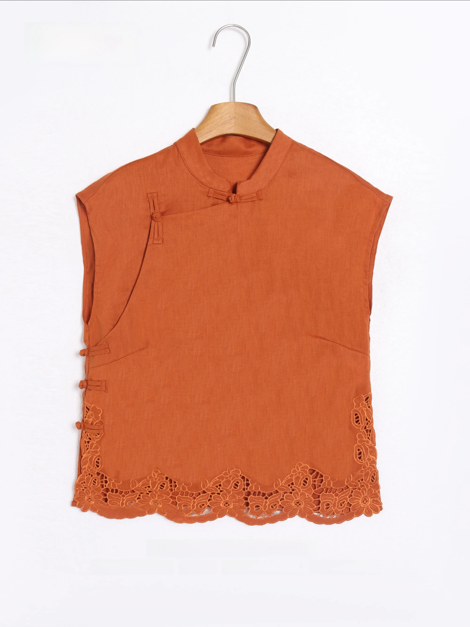 

Retro New Chinese Sle Buttonl Lace Hollow out Svel Vest Women's Linen Top GZQJ Curd Dr Vintage Sle