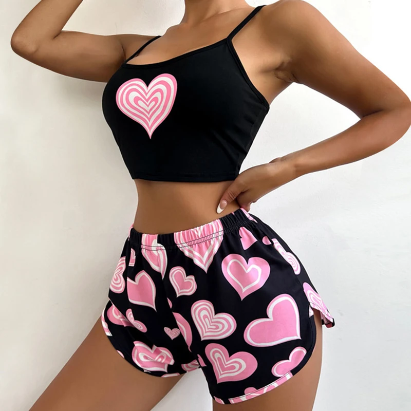 2 Pieces Pajamas for Girls Set Summer Women Sleepwear Short Sleeve Nightgown Female Ladies Sexy Lingerie Pyjamas Heart Print