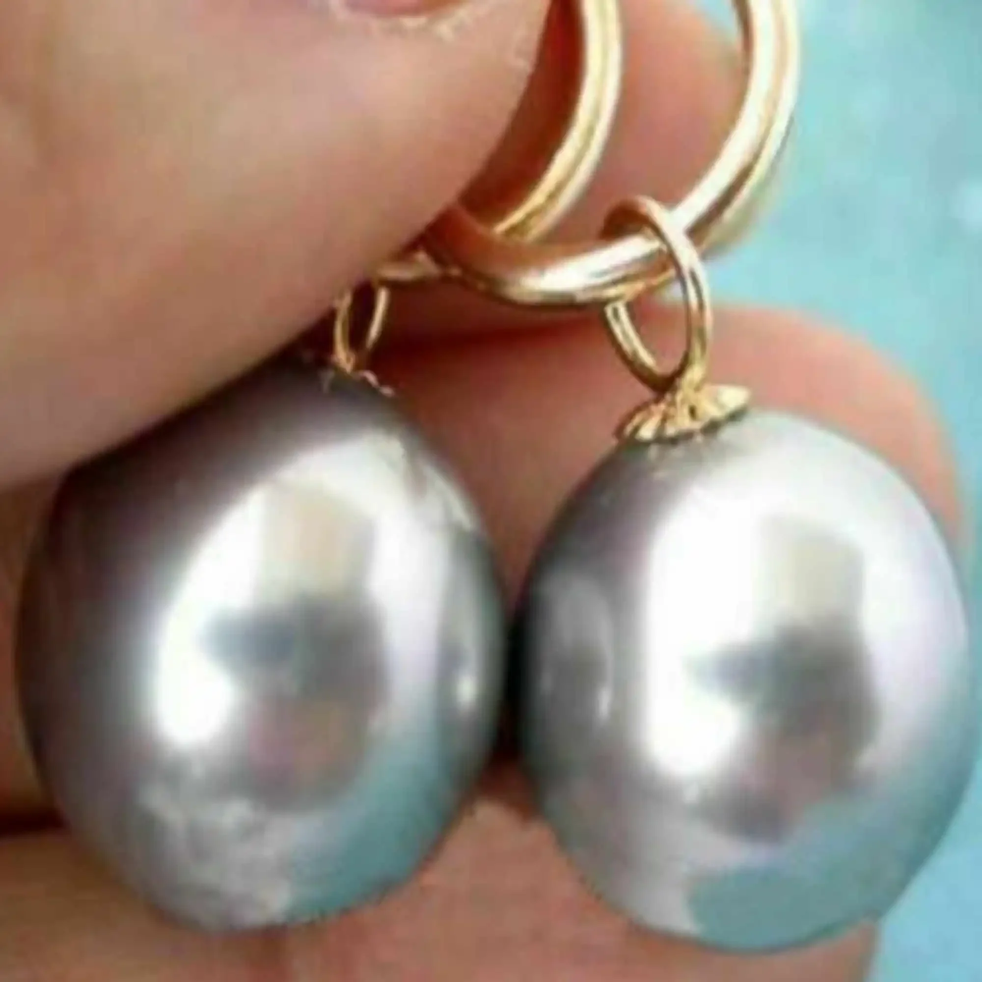 

Natural 16mm gray round South sea Pearl 14k gold Earrings CARNIVAL Thanksgiving Hook Gift Jewelry Holiday gifts Ear stud