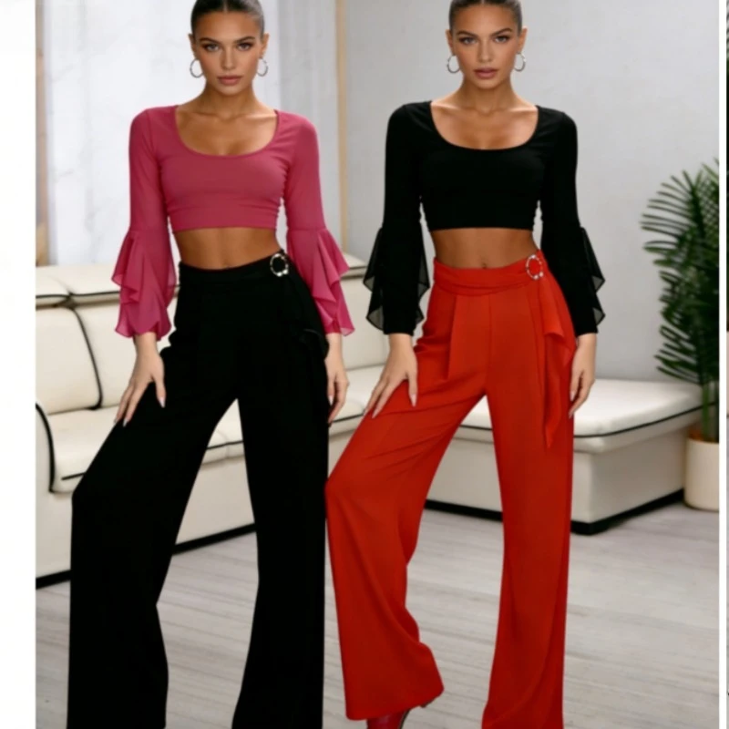 

Theeper Women Fashion High Elastic Streamer Dance Pants,Elegant Drape Slim Fit Trousers for Latin Dance,Versatile Dance Wear