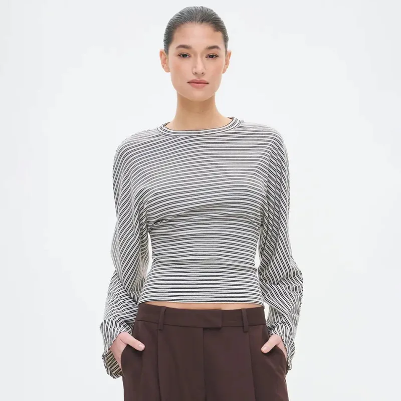 Maglietta casual Sle Slim Fit lunga Sve a righe con vita stretta Maglietta da donna Faion Polyester Thiened per la stagione autunnale