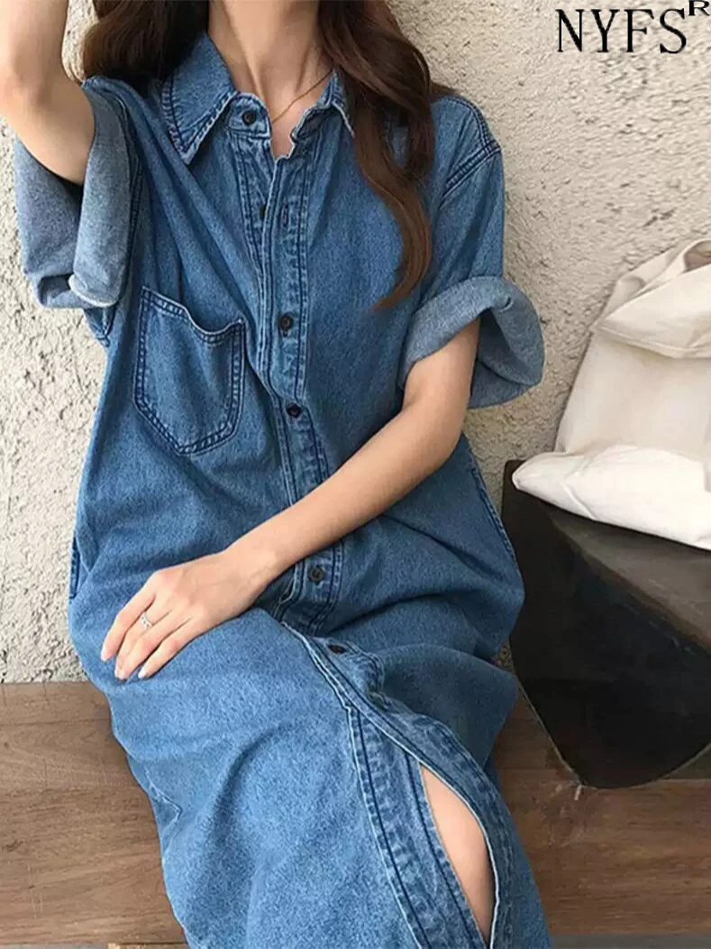 NYFS 2025 فستان صيفي فضفاض مقاس كبير من قماش الدنيم للنساء على الطراز الكوري بأكمام قصيرة فستان طويل رداء Elbise #1