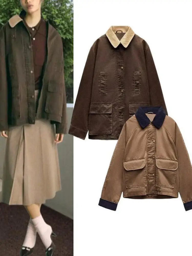 

Весенняя новинка: Женская куртка в рабочем стиле с воротником, длинными рукавами и контрастным воротником, стандартный крой