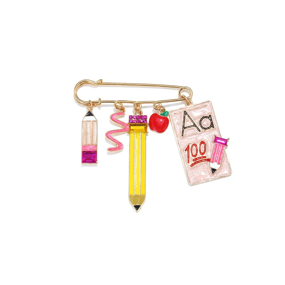 Cartoon Cute Tassels Pendant Safety Pins, with Pencil Curve Red Apple Full Score Card Design