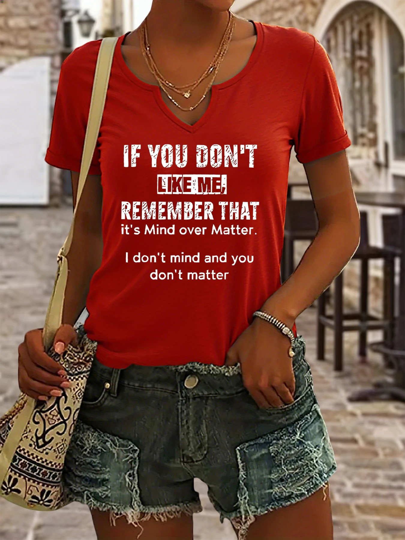 Damen Sommer-T-Shirt mit V-Ausschnitt und kurzen Ärmeln, frecher Aufdruck mit dem Zitat „If You Don't Like Me“, Lässiges Mode-Oberteil mit Haltungsaussage – Detail 3