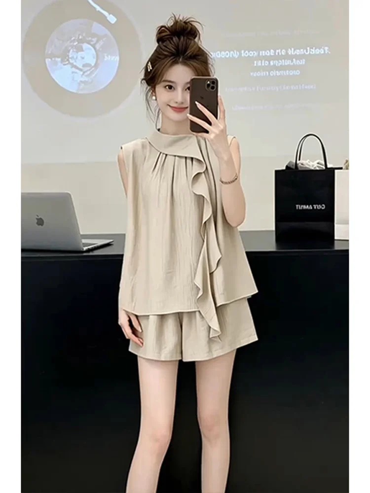 

Women's Summer Slimming Commute Set Sleeveless Wide Leg Short Pants Two-Piece Suit Breathable Casual Style High Waist Shorts