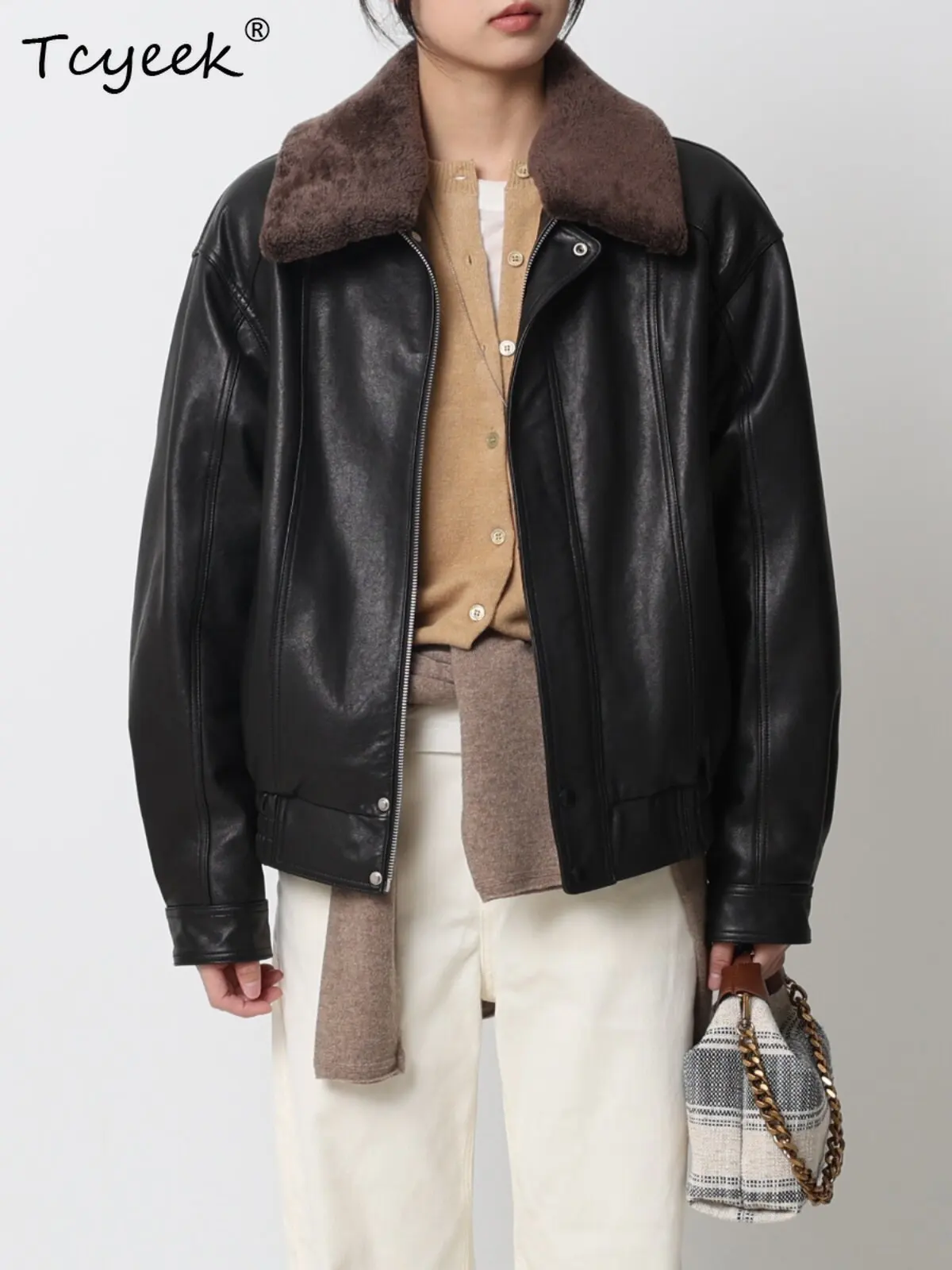 Tcyeek Real Leather Jacket Women 90% White Goose Down Coats Vegetable Tanning Sheepskin Coat for Woman Clothes Lamb Wool Collar