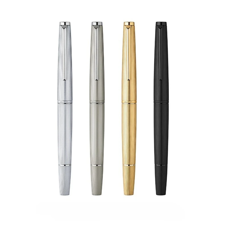 stylo-plume-majohn-b32-en-metal-corps-fin-piston-retro-rayures-gravees-or-et-argent-pour-affaires-et-bureau-pointe-en-iridium-souple-et-elastique-finition-doree