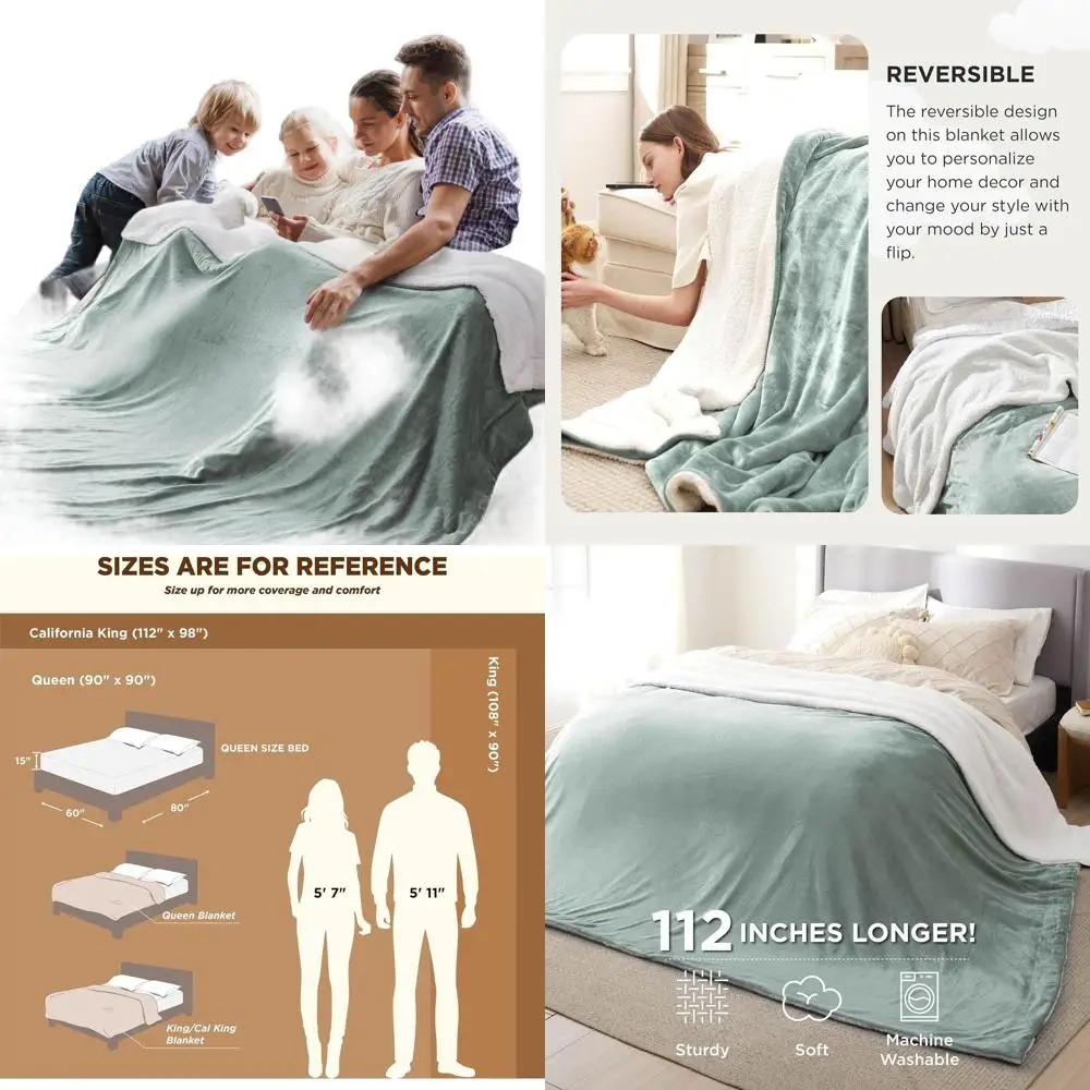 

Oversized Cal King Sherpa Fleece Blanket - Plush Warm Throw, Sage Green, 112x98