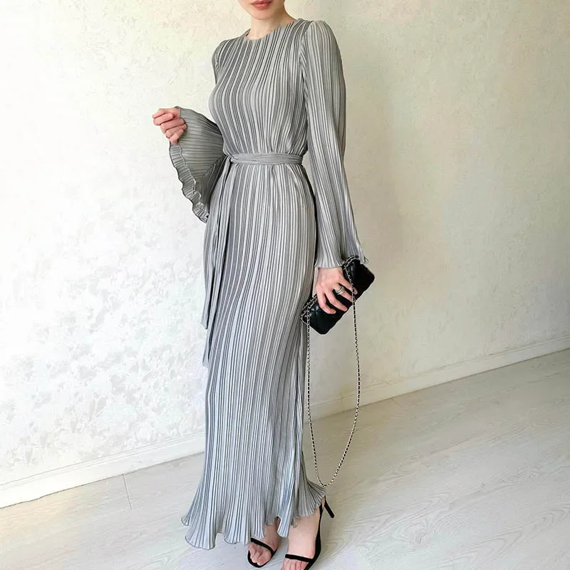 Primavera Solid Rib pieghettato Boho abito lungo donna Sexy o-collo Tie-up Party Maxi Dress autunno Flare manica lunga Femme Pullover Dress